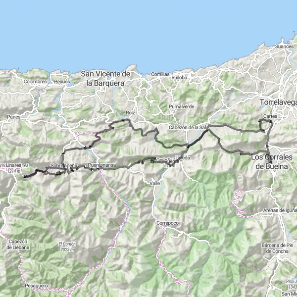 Miniatura della mappa di ispirazione al ciclismo "Giro epico in bici intorno a Los Corrales de Buelna" nella regione di Cantabria, Spain. Generata da Tarmacs.app, pianificatore di rotte ciclistiche