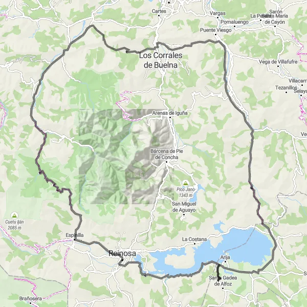 Miniature de la carte de l'inspiration cycliste "Epic Mountain Challenge" dans la Cantabria, Spain. Générée par le planificateur d'itinéraire cycliste Tarmacs.app