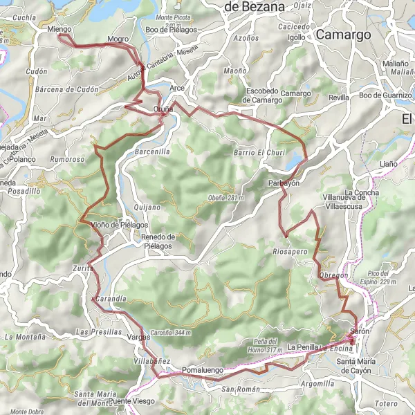 Miniaturní mapa "Gravel Ruta Oruña - Alto de la Gigüela - Parbayón - Carcobillo - Zurita - Miengo" inspirace pro cyklisty v oblasti Cantabria, Spain. Vytvořeno pomocí plánovače tras Tarmacs.app