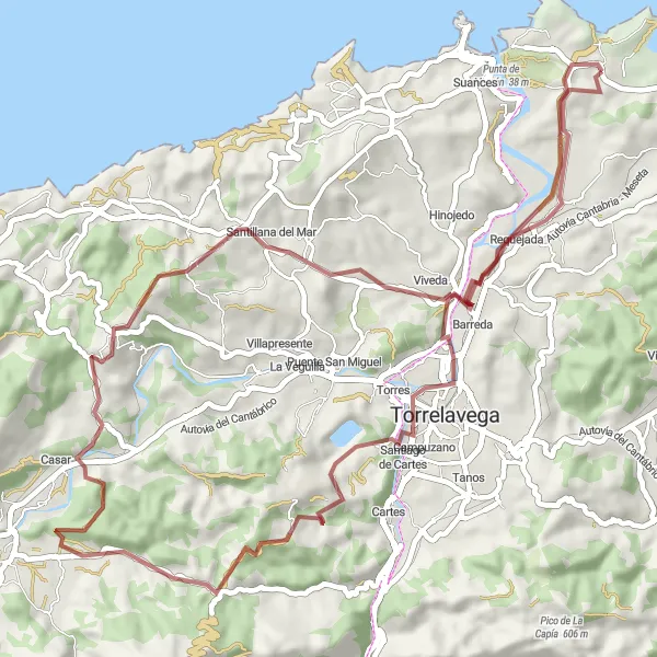 Miniatua del mapa de inspiración ciclista "Rutas en bicicleta de gravilla cerca de Miengo" en Cantabria, Spain. Generado por Tarmacs.app planificador de rutas ciclistas