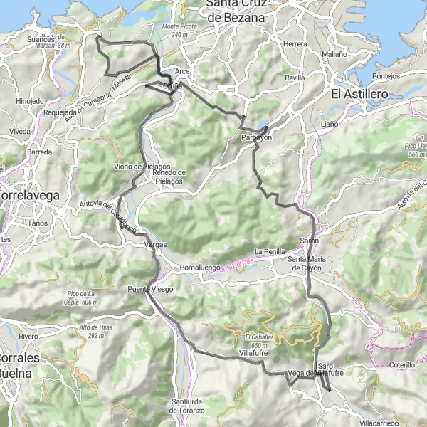 Miniatua del mapa de inspiración ciclista "Ruta en bicicleta de carretera desde Miengo a Puente Viesgo" en Cantabria, Spain. Generado por Tarmacs.app planificador de rutas ciclistas