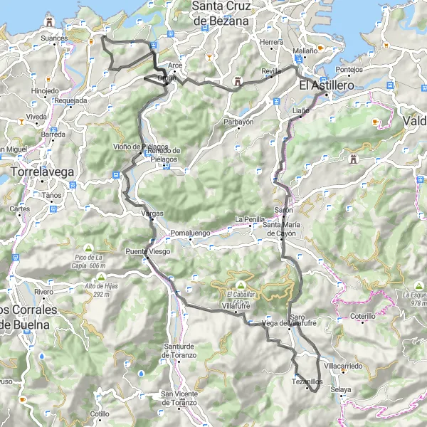 Miniatua del mapa de inspiración ciclista "Ruta en carretera alrededor de Miengo" en Cantabria, Spain. Generado por Tarmacs.app planificador de rutas ciclistas