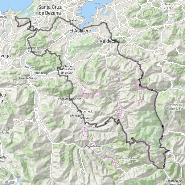 Miniature de la carte de l'inspiration cycliste "Défi ultime des montagnes cantabriques" dans la Cantabria, Spain. Générée par le planificateur d'itinéraire cycliste Tarmacs.app