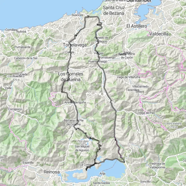 Miniatua del mapa de inspiración ciclista "Ruta en bicicleta de carretera desde Miengo" en Cantabria, Spain. Generado por Tarmacs.app planificador de rutas ciclistas