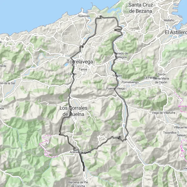 Miniaturní mapa "Cyklotrasa kolem Puente Viesgo" inspirace pro cyklisty v oblasti Cantabria, Spain. Vytvořeno pomocí plánovače tras Tarmacs.app