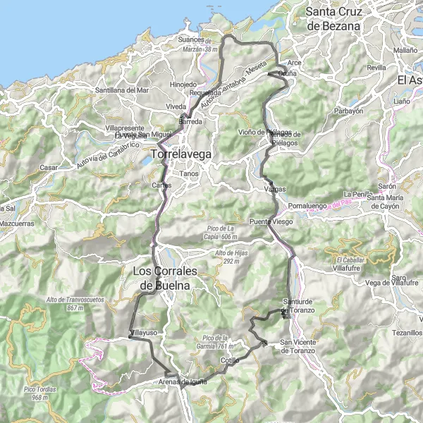 Miniatua del mapa de inspiración ciclista "Ruta en carretera alrededor de Miengo" en Cantabria, Spain. Generado por Tarmacs.app planificador de rutas ciclistas