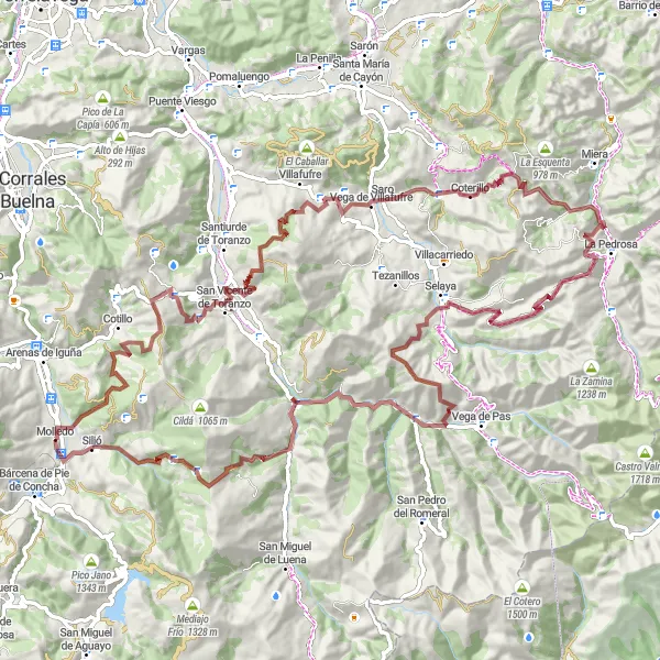 Miniatura della mappa di ispirazione al ciclismo "Avventura in Gravel tra Molledo e Silió" nella regione di Cantabria, Spain. Generata da Tarmacs.app, pianificatore di rotte ciclistiche
