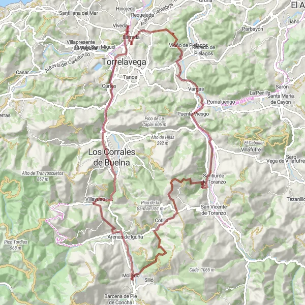 Miniaturní mapa "Gravel trasa přes Jerrapiel, Riocorvo a Puente Viesgo" inspirace pro cyklisty v oblasti Cantabria, Spain. Vytvořeno pomocí plánovače tras Tarmacs.app