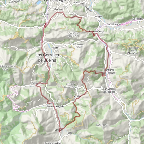 Miniatuurkaart van de fietsinspiratie "Grindpad fietsroute rond Molledo" in Cantabria, Spain. Gemaakt door de Tarmacs.app fietsrouteplanner