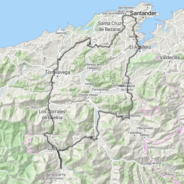 Map miniature of "Las Tres Cuestas Challenge" cycling inspiration in Cantabria, Spain. Generated by Tarmacs.app cycling route planner