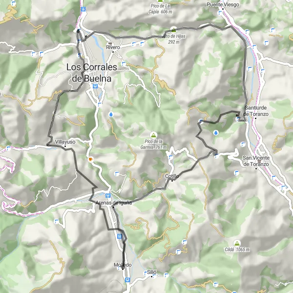 Miniatura della mappa di ispirazione al ciclismo "Esplorazione di Molledo e Arenas de Iguña in bicicletta" nella regione di Cantabria, Spain. Generata da Tarmacs.app, pianificatore di rotte ciclistiche