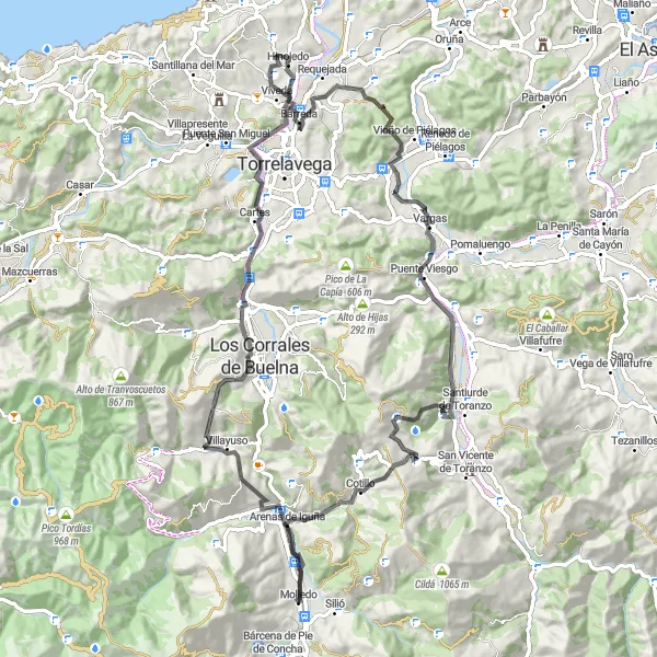 Miniatua del mapa de inspiración ciclista "Ruta de Carretera desde Molledo a Arenas de Iguña" en Cantabria, Spain. Generado por Tarmacs.app planificador de rutas ciclistas