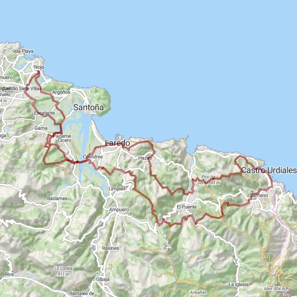 Miniatura della mappa di ispirazione al ciclismo "Gravel Mirador del Alto de Laredo Challenge" nella regione di Cantabria, Spain. Generata da Tarmacs.app, pianificatore di rotte ciclistiche