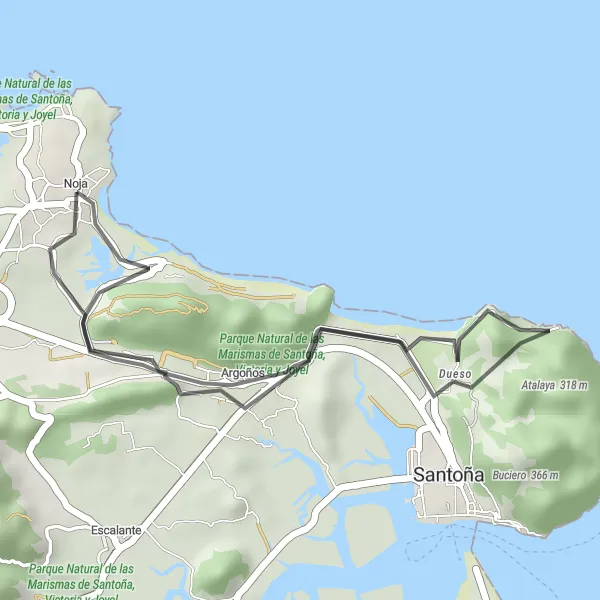 Map miniature of "Noja to Piedrahíta" cycling inspiration in Cantabria, Spain. Generated by Tarmacs.app cycling route planner