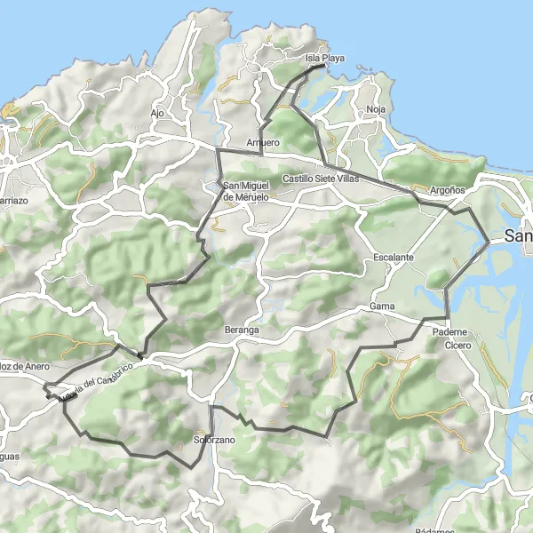 Miniatua del mapa de inspiración ciclista "Ruta de ciclismo por carretera alrededor de Noja" en Cantabria, Spain. Generado por Tarmacs.app planificador de rutas ciclistas