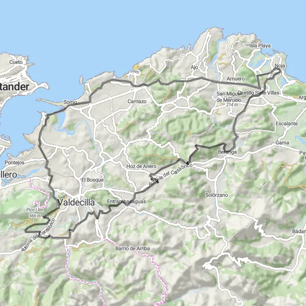 Miniatura della mappa di ispirazione al ciclismo "Giro in bicicletta "Castillo Siete Villas"" nella regione di Cantabria, Spain. Generata da Tarmacs.app, pianificatore di rotte ciclistiche