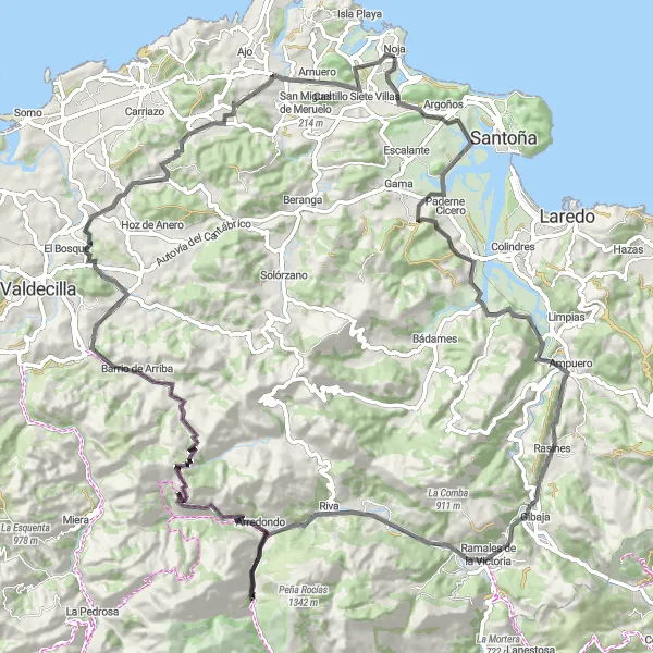 Miniatua del mapa de inspiración ciclista "Ruta ciclista de carretera desde Noja" en Cantabria, Spain. Generado por Tarmacs.app planificador de rutas ciclistas