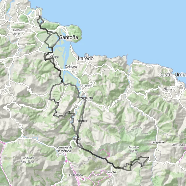 Miniature de la carte de l'inspiration cycliste "Tour de Route à Colina / Candiano" dans la Cantabria, Spain. Générée par le planificateur d'itinéraire cycliste Tarmacs.app