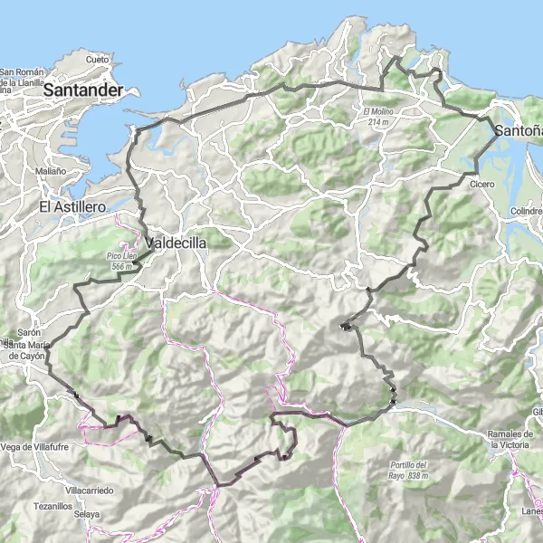 Miniature de la carte de l'inspiration cycliste "Les montagnes de Cantabrie" dans la Cantabria, Spain. Générée par le planificateur d'itinéraire cycliste Tarmacs.app