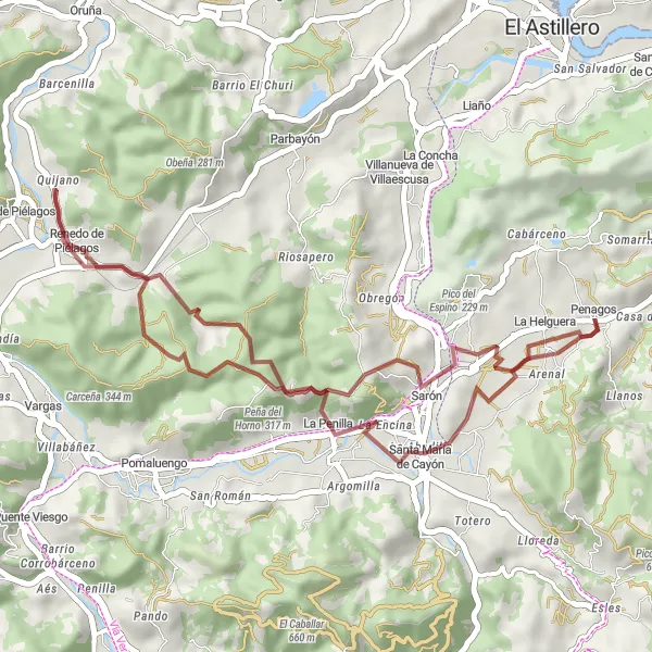 Map miniature of "Gravel Route through Sarón, Cotero Somero, Renedo de Piélagos, and Los Pandos" cycling inspiration in Cantabria, Spain. Generated by Tarmacs.app cycling route planner