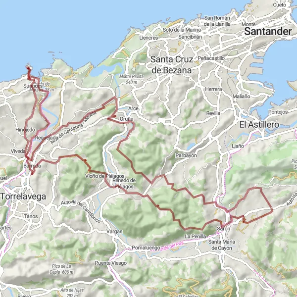 Miniature de la carte de l'inspiration cycliste "Défi Gravel vers le Castillo de Florencio Ceruti" dans la Cantabria, Spain. Générée par le planificateur d'itinéraire cycliste Tarmacs.app