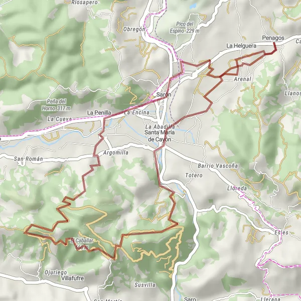 Map miniature of "Gravel Route through El Caballar, La Penilla, and Penagos" cycling inspiration in Cantabria, Spain. Generated by Tarmacs.app cycling route planner