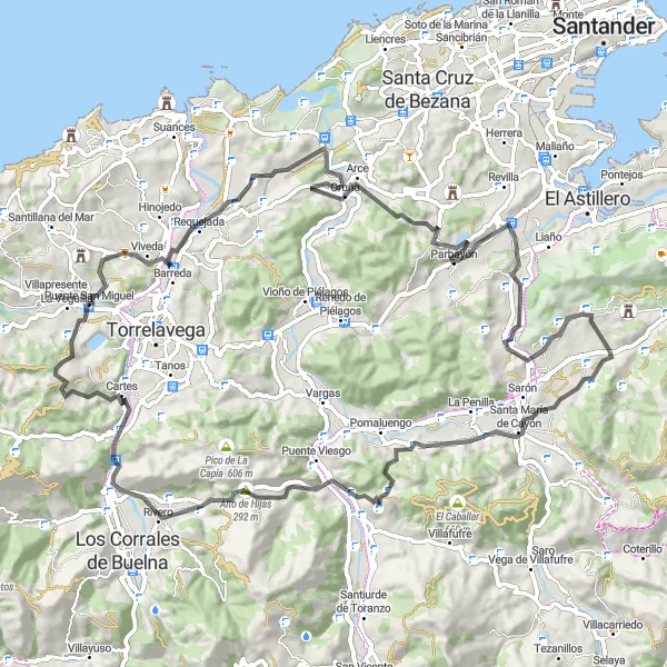 Miniatura della mappa di ispirazione al ciclismo "Avventura in bicicletta tra Penagos e Oruña" nella regione di Cantabria, Spain. Generata da Tarmacs.app, pianificatore di rotte ciclistiche
