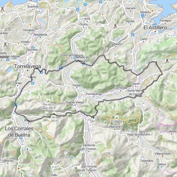 Miniatura mapy "Trasa szosowa w okolicach Penagos" - trasy rowerowej w Cantabria, Spain. Wygenerowane przez planer tras rowerowych Tarmacs.app