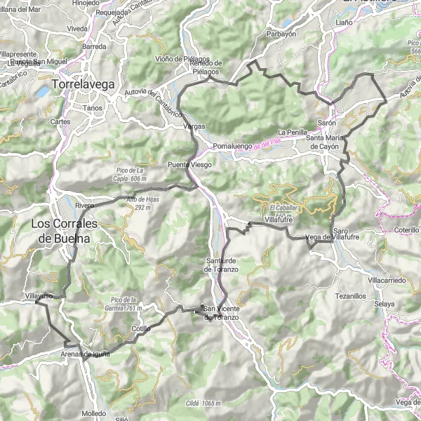 Miniatura della mappa di ispirazione al ciclismo "Giro in bicicletta attraverso le colline di Cantabria" nella regione di Cantabria, Spain. Generata da Tarmacs.app, pianificatore di rotte ciclistiche