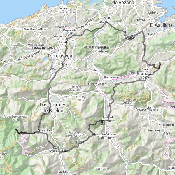 Miniaturekort af cykelinspirationen "Landevejscykelrute gennem Iruz, Pedredo, Parque de Las Estelas de Barros, Tanos, Oruña og Parbayón" i Cantabria, Spain. Genereret af Tarmacs.app cykelruteplanlægger