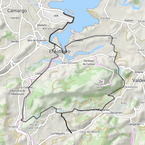 Map miniature of "Scenic Road Route to Pico del Espino, Liaño, Gajano, and Somarriba" cycling inspiration in Cantabria, Spain. Generated by Tarmacs.app cycling route planner