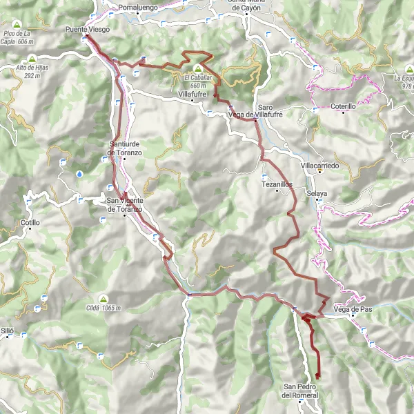 Miniatua del mapa de inspiración ciclista "Ruta de Ciclismo de Grava en Puente Viesgo" en Cantabria, Spain. Generado por Tarmacs.app planificador de rutas ciclistas