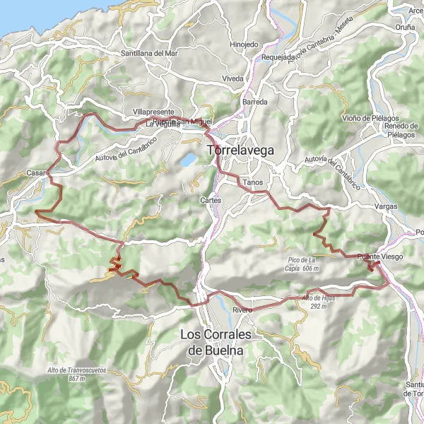 Miniatua del mapa de inspiración ciclista "Ruta Gravámenes - Puente Viesgo - La Montaña trae emoción" en Cantabria, Spain. Generado por Tarmacs.app planificador de rutas ciclistas