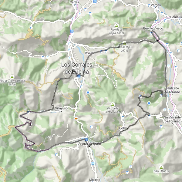 Miniatura della mappa di ispirazione al ciclismo "Giro avvincente attraverso le montagne Cantabriche" nella regione di Cantabria, Spain. Generata da Tarmacs.app, pianificatore di rotte ciclistiche