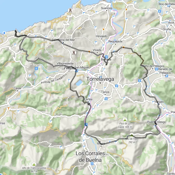 Map miniature of "Cultural Exploration: Puente Viesgo to Vargas" cycling inspiration in Cantabria, Spain. Generated by Tarmacs.app cycling route planner