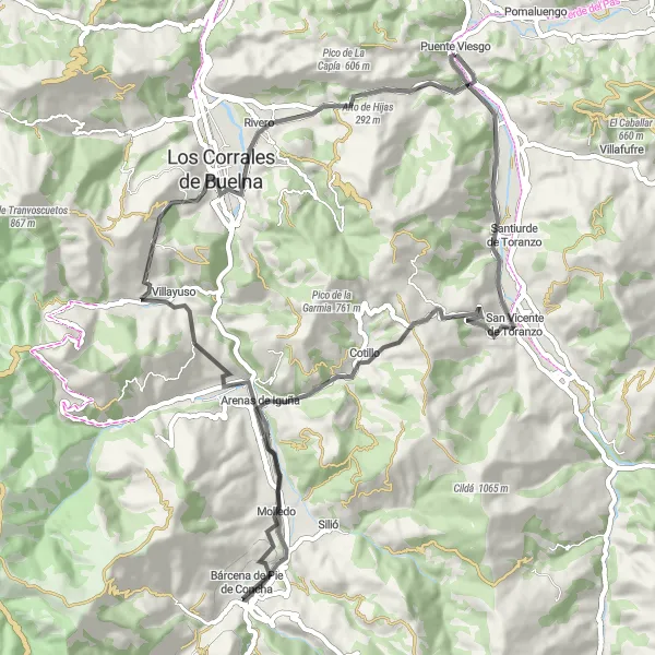 Miniatua del mapa de inspiración ciclista "Ruta de Ciclismo de Carretera en Puente Viesgo" en Cantabria, Spain. Generado por Tarmacs.app planificador de rutas ciclistas