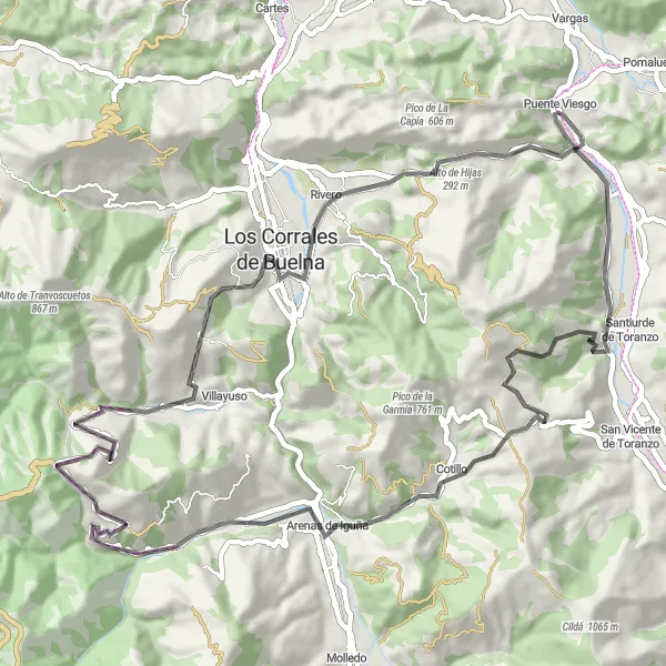 Karten-Miniaturansicht der Radinspiration "Herausforderung auf asphaltierten Straßen" in Cantabria, Spain. Erstellt vom Tarmacs.app-Routenplaner für Radtouren