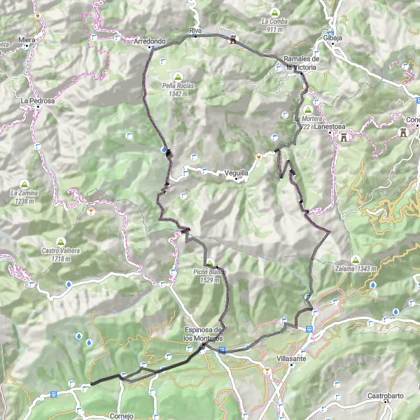 Miniatura della mappa di ispirazione al ciclismo "Il Giro del Salto del Oso" nella regione di Cantabria, Spain. Generata da Tarmacs.app, pianificatore di rotte ciclistiche