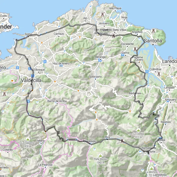 Miniature de la carte de l'inspiration cycliste "Rural Charm Road Cycling Circuit" dans la Cantabria, Spain. Générée par le planificateur d'itinéraire cycliste Tarmacs.app