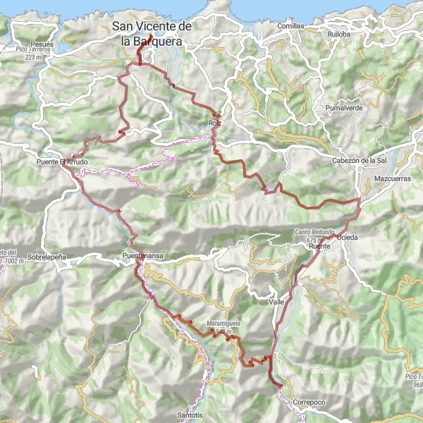 Miniatua del mapa de inspiración ciclista "Ruta de gravilla cerca de San Vicente de la Barquera" en Cantabria, Spain. Generado por Tarmacs.app planificador de rutas ciclistas