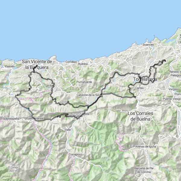 Map miniature of "Road Cycling Adventure through Cantabria" cycling inspiration in Cantabria, Spain. Generated by Tarmacs.app cycling route planner