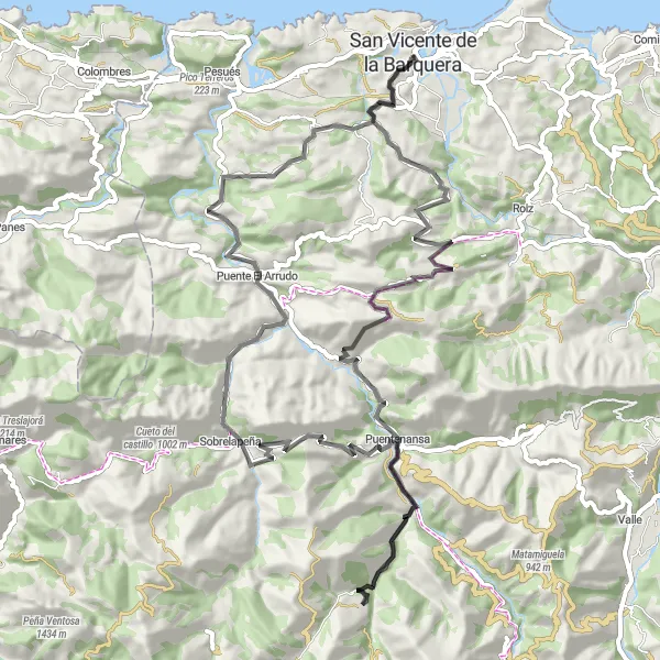 Map miniature of "Road Cycling Route to Quintanilla" cycling inspiration in Cantabria, Spain. Generated by Tarmacs.app cycling route planner