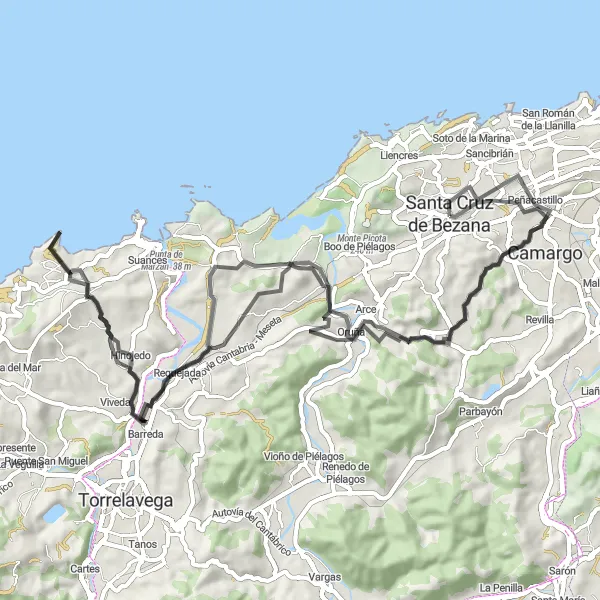Miniatura mapy "Przejażdżka szosowym rowerem z Santa Cruz de Bezana" - trasy rowerowej w Cantabria, Spain. Wygenerowane przez planer tras rowerowych Tarmacs.app
