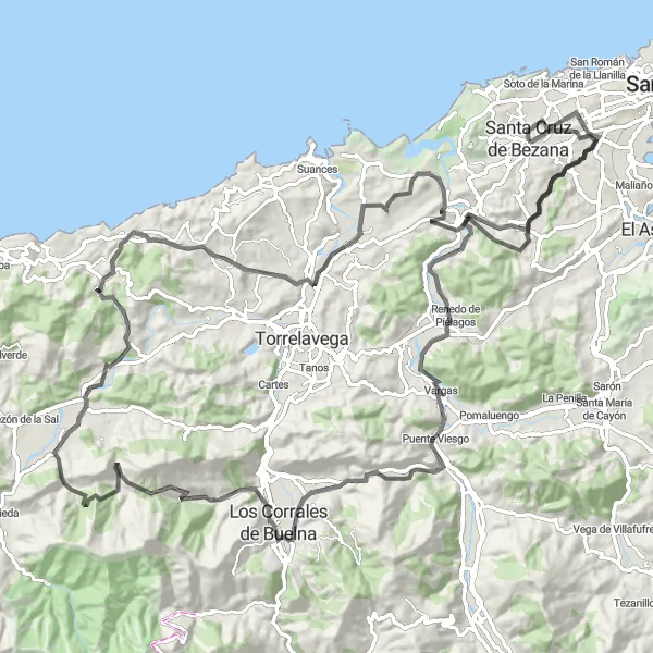 Miniatura della mappa di ispirazione al ciclismo "Tra le colline e i paesaggi rurali" nella regione di Cantabria, Spain. Generata da Tarmacs.app, pianificatore di rotte ciclistiche
