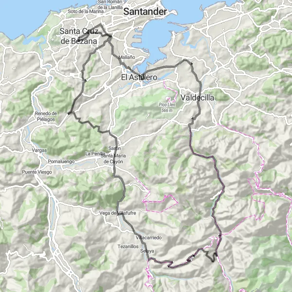 Miniatua del mapa de inspiración ciclista "Ruta circular en bicicleta desde Santa Cruz de Bezana" en Cantabria, Spain. Generado por Tarmacs.app planificador de rutas ciclistas