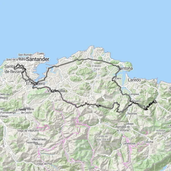 Miniatura della mappa di ispirazione al ciclismo "Avventuroso giro ciclistico di 169 km" nella regione di Cantabria, Spain. Generata da Tarmacs.app, pianificatore di rotte ciclistiche