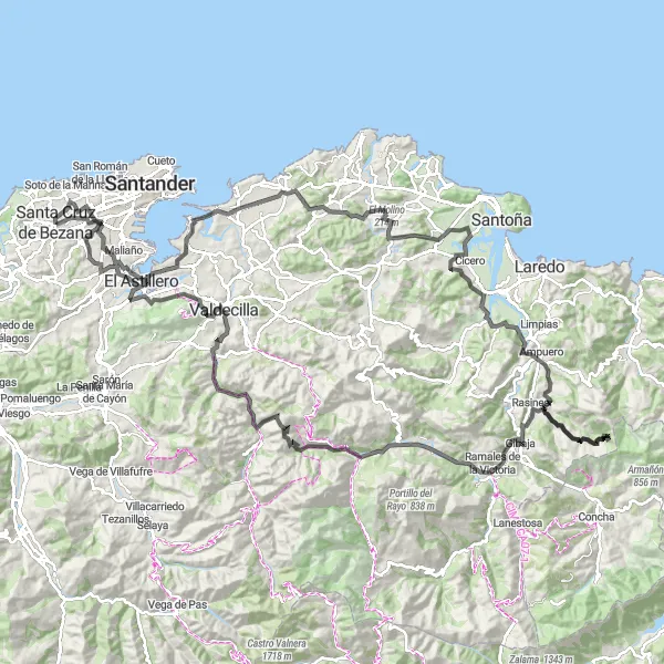 Miniatua del mapa de inspiración ciclista "Ruta de Santa Cruz de Bezana - Pico El Castillo" en Cantabria, Spain. Generado por Tarmacs.app planificador de rutas ciclistas