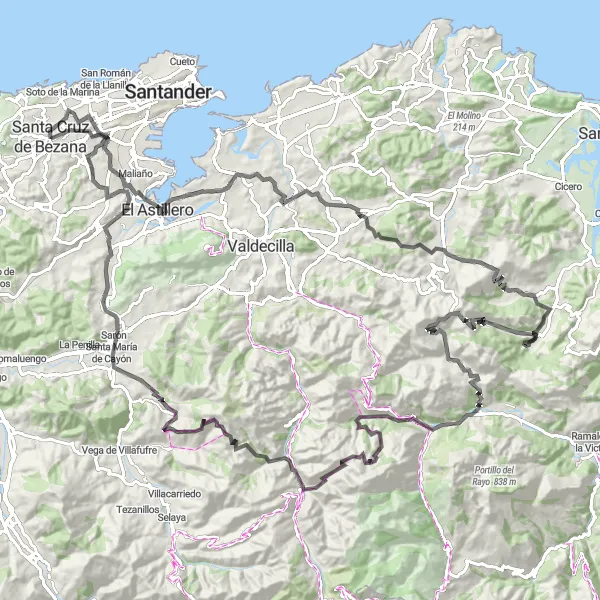 Miniatua del mapa de inspiración ciclista "Ruta en bicicleta de carretera desde Santa Cruz de Bezana" en Cantabria, Spain. Generado por Tarmacs.app planificador de rutas ciclistas