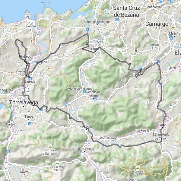 Miniatura della mappa di ispirazione al ciclismo "Giro in bici da Santa María de Cayón - San Román - Ongayo - Oruña" nella regione di Cantabria, Spain. Generata da Tarmacs.app, pianificatore di rotte ciclistiche