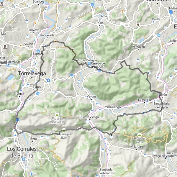 Miniatura della mappa di ispirazione al ciclismo "Tour ciclistico tra Cayón e Tanos" nella regione di Cantabria, Spain. Generata da Tarmacs.app, pianificatore di rotte ciclistiche